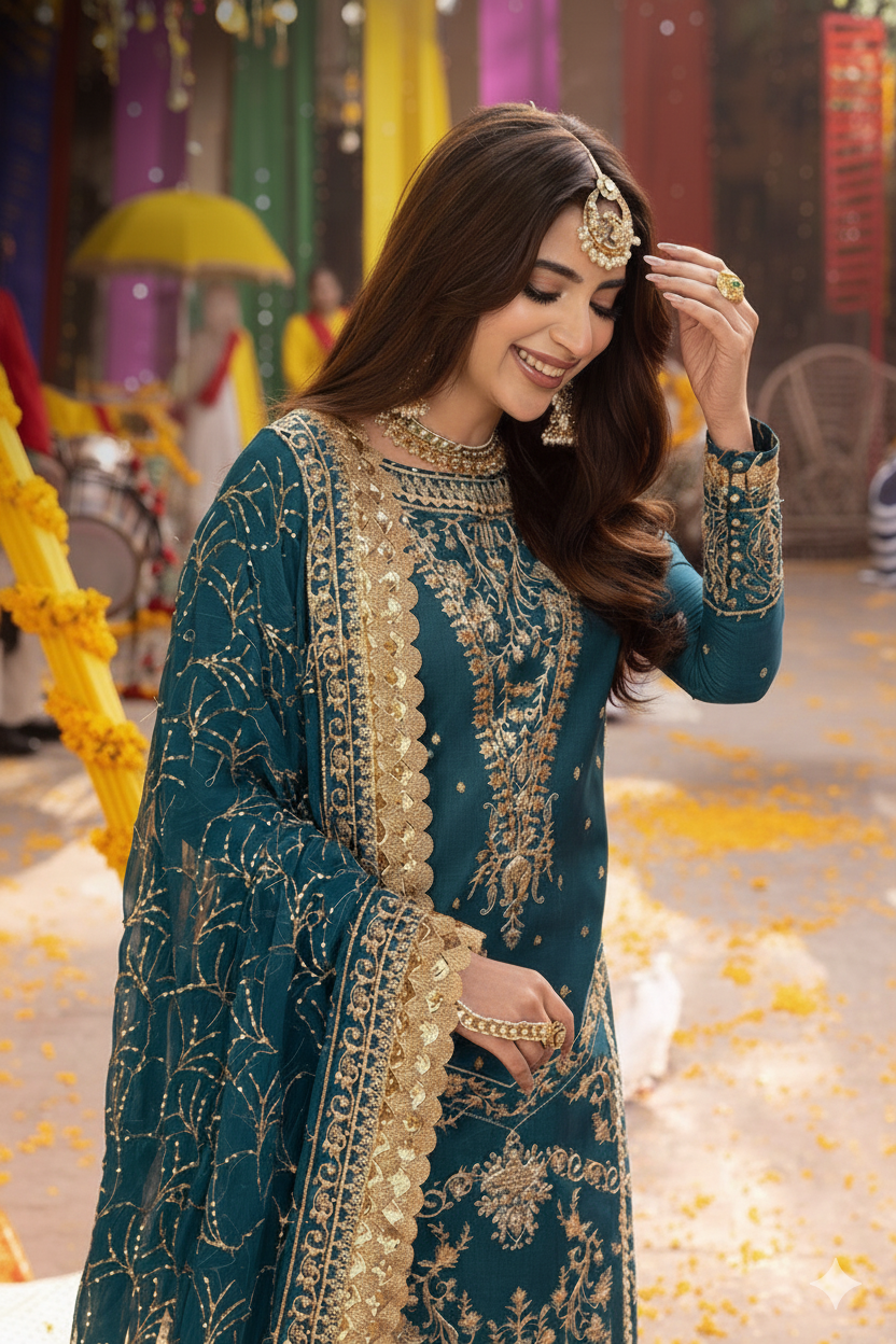 Festive Teal Embroidered Gharara Suit with Gold Dupatta