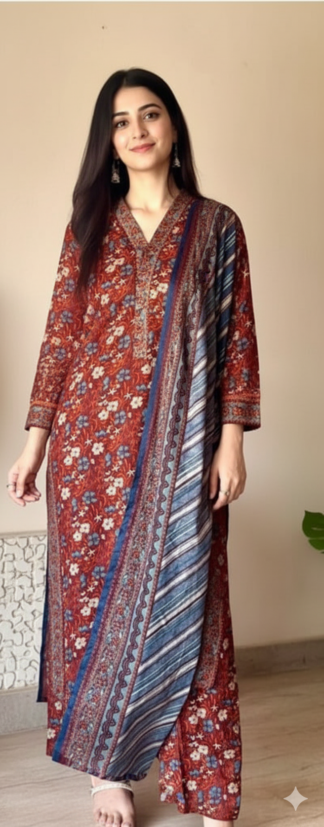 Rustic Terracotta & Sapphire Print Suit | Luxury Winter Linen/Khaddar