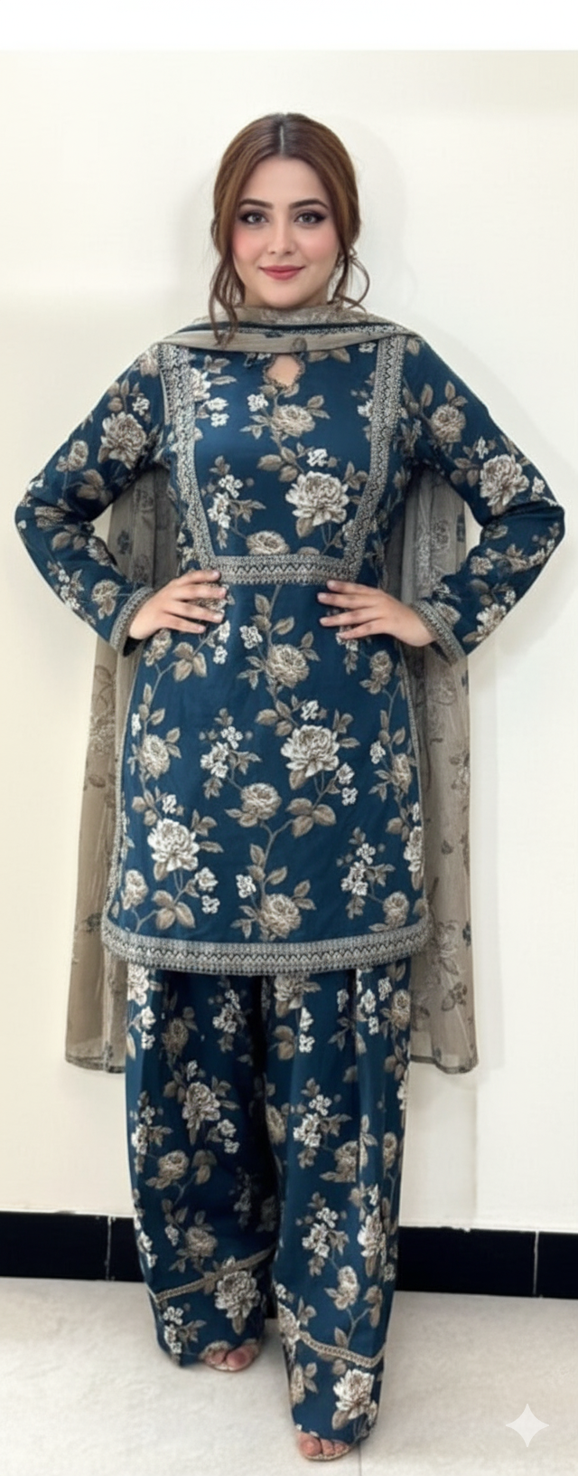 Teal & Beige Floral Print Suit