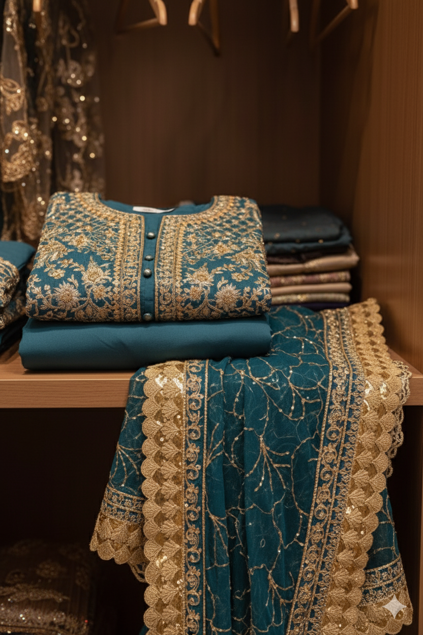 Festive Teal Embroidered Gharara Suit with Gold Dupatta