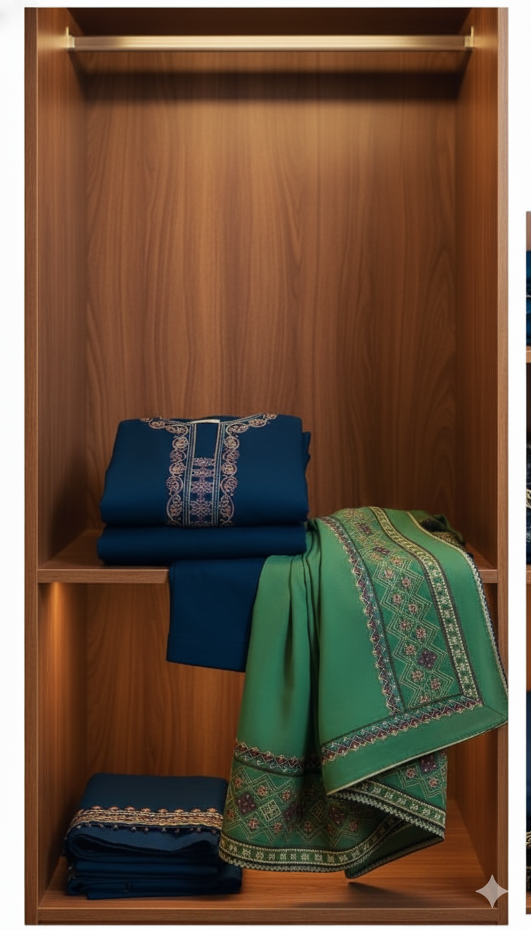 Deep Teal Embroidered Lawn Suit with Evergreen Shawl