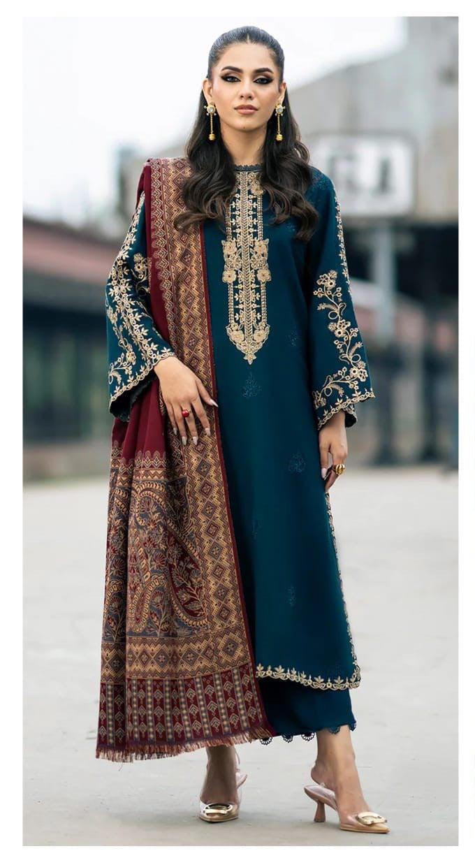 Teal Blue Embroidered 3-Piece Unstitched Suit with Maroon Jacquard Shawl