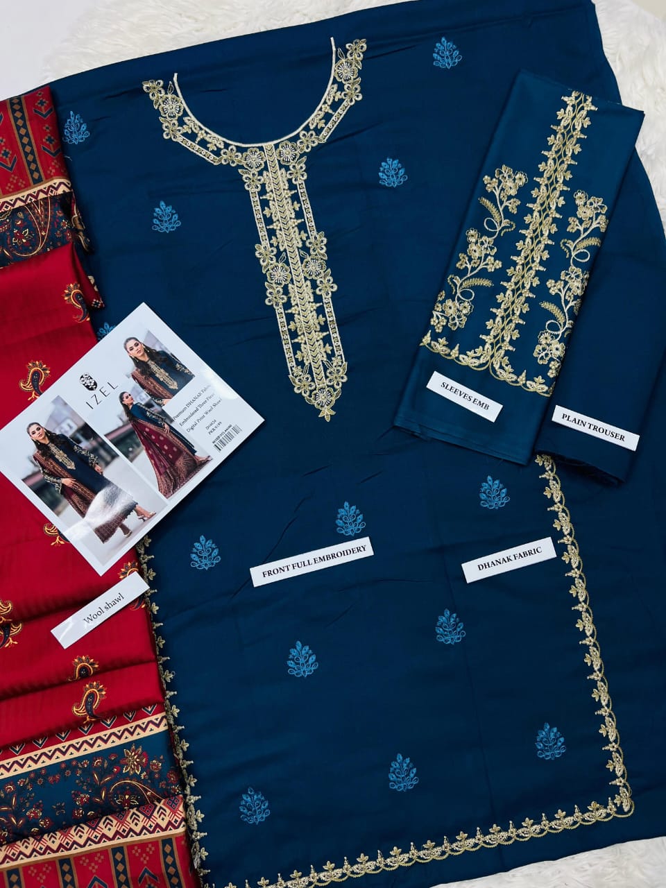 Teal Blue Embroidered 3-Piece Unstitched Suit with Maroon Jacquard Shawl