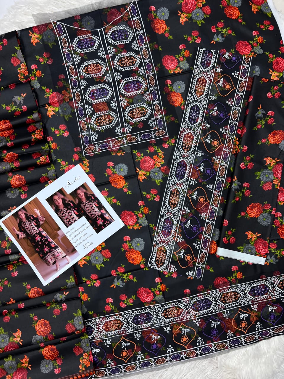 Black Floral Embroidered 3-Piece Unstitched Suit