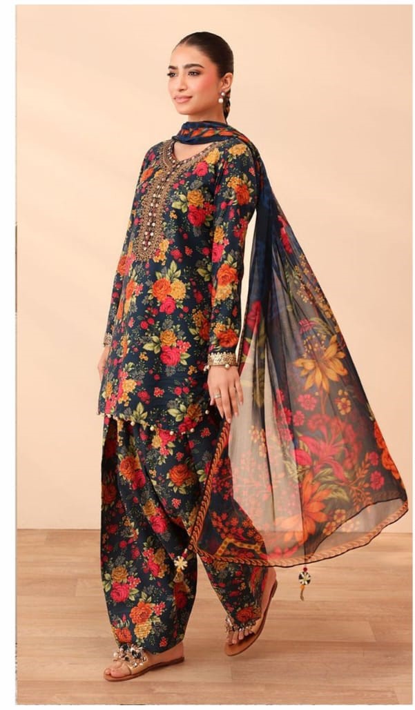 Navy Blue Floral Printed 3-Piece Lawn Suit with Embroidered Neckline & Chiffon Dupatta