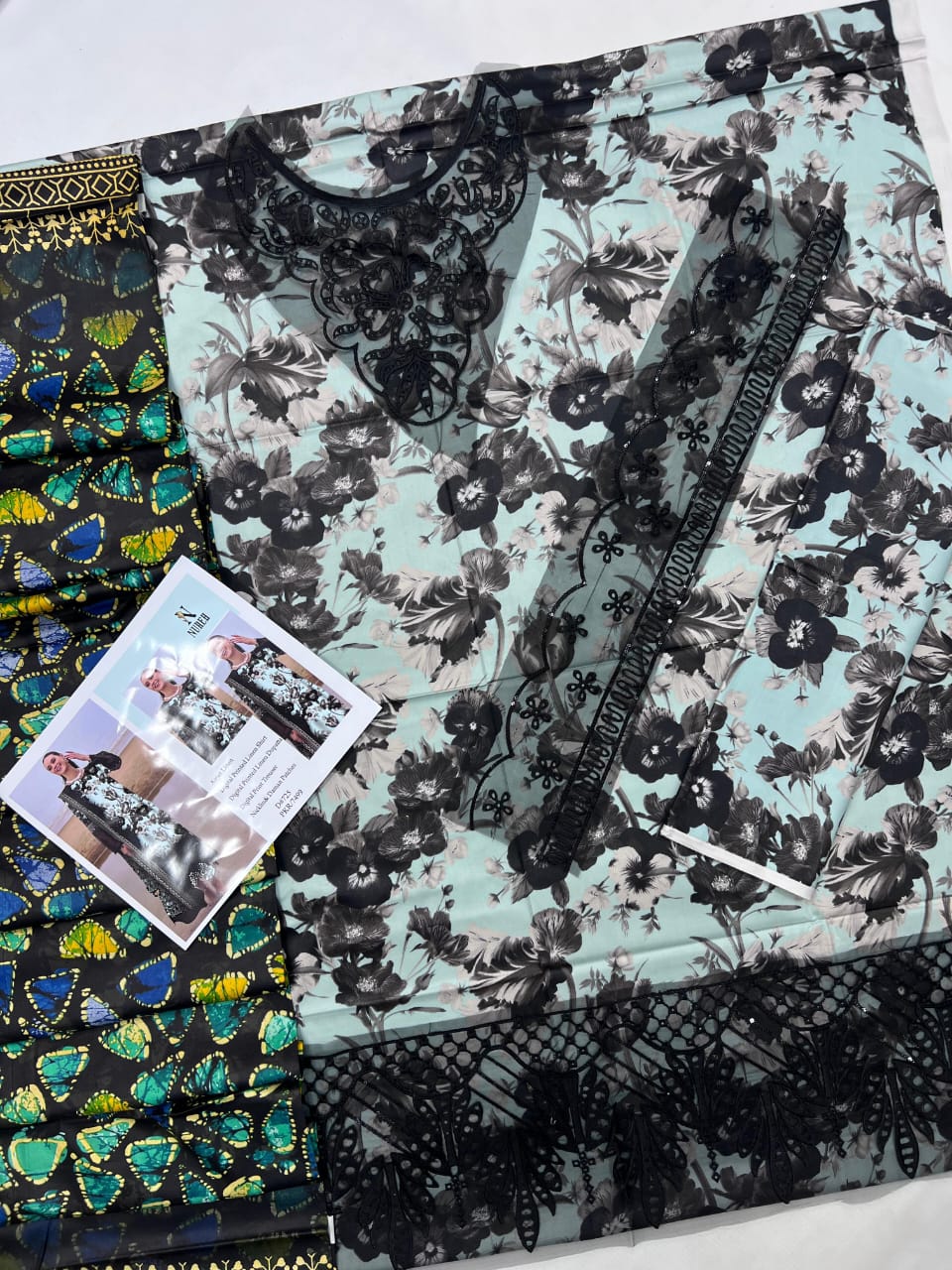 "Ethereal Bloom" Digital Print Lawn Suit with Black Net Sleeves & Lace Trim