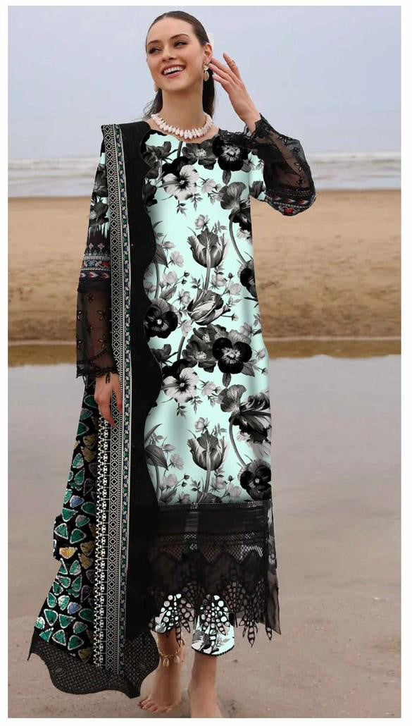 "Ethereal Bloom" Digital Print Lawn Suit with Black Net Sleeves & Lace Trim