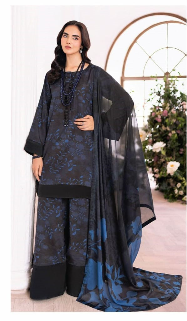 Black & Electric Blue Floral Print Lawn Kurta Set with Wide Trousers