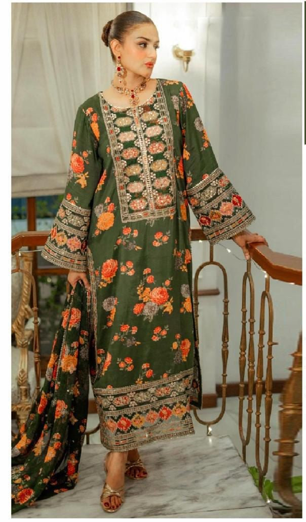 "Emerald Festivity" Heavy Embroidered Olive Green Suit with Mirror Work