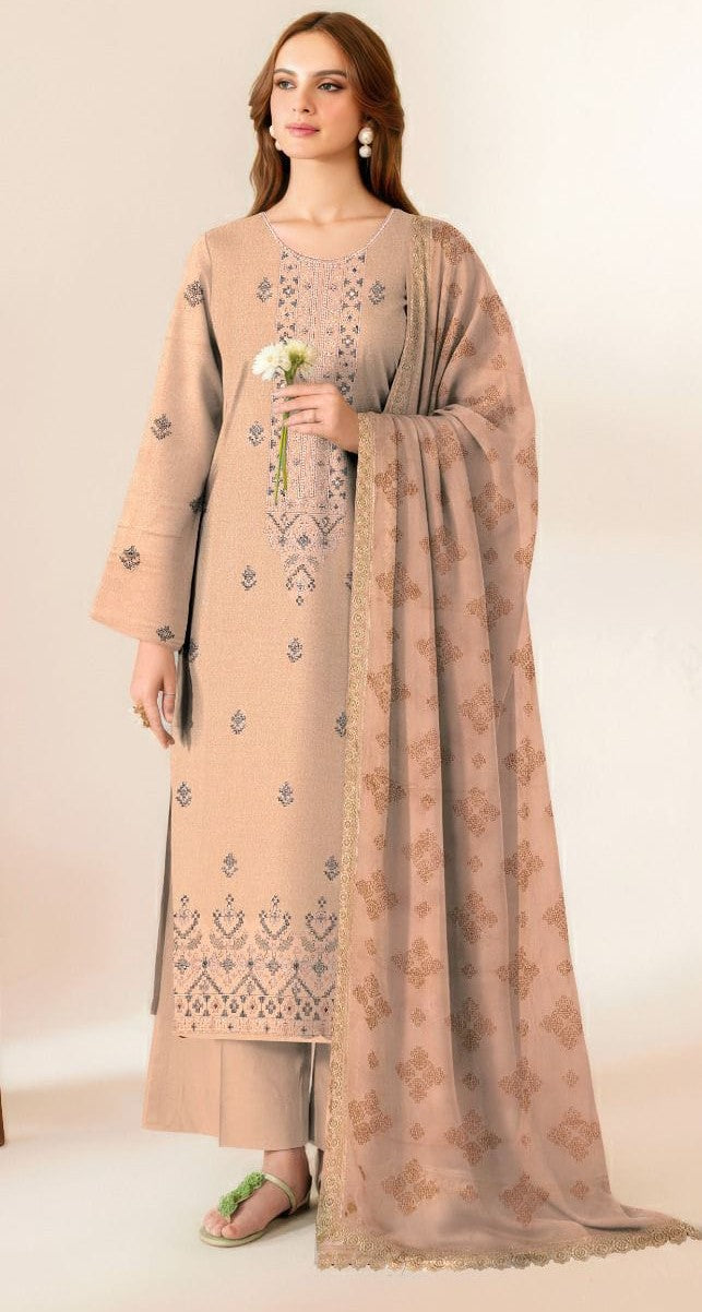 Soft Peach Daily Wear 3-Piece Karandi Dress with Printed Shawl