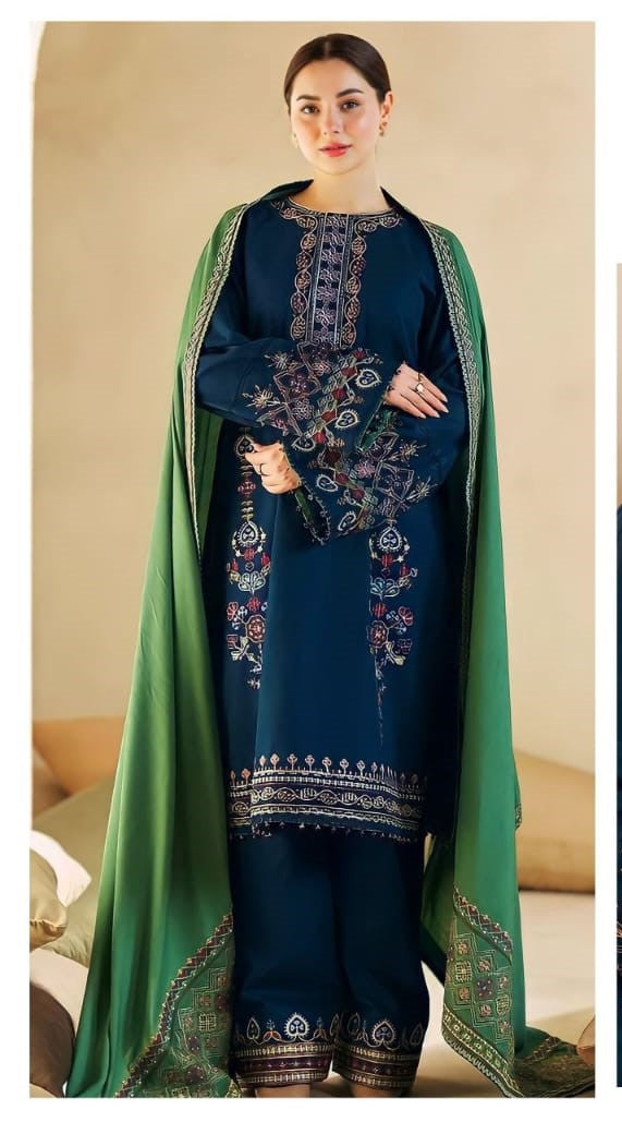 Deep Teal Embroidered Lawn Suit with Evergreen Shawl