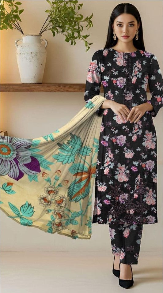 Dramatic Black & Ivory Floral Contrast Suit