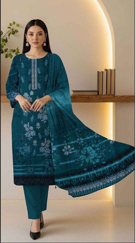 Elegant Peacock Blue Floral Print Suit