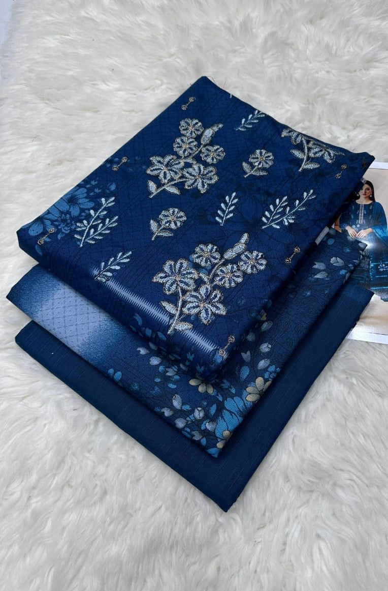 Elegant Peacock Blue Floral Print Suit