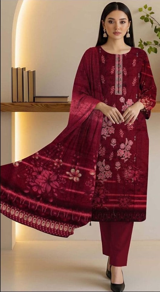 Elegant Ruby Red & Maroon Floral Suit