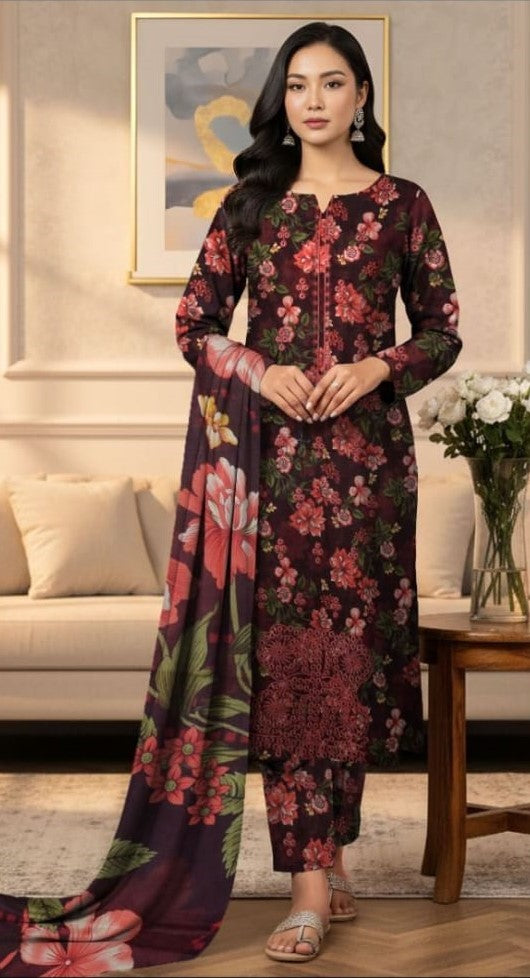 Luxurious Maroon & Berry Floral Print Suit
