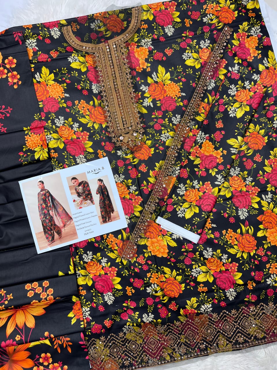 Navy Blue Floral Printed 3-Piece Lawn Suit with Embroidered Neckline & Chiffon Dupatta