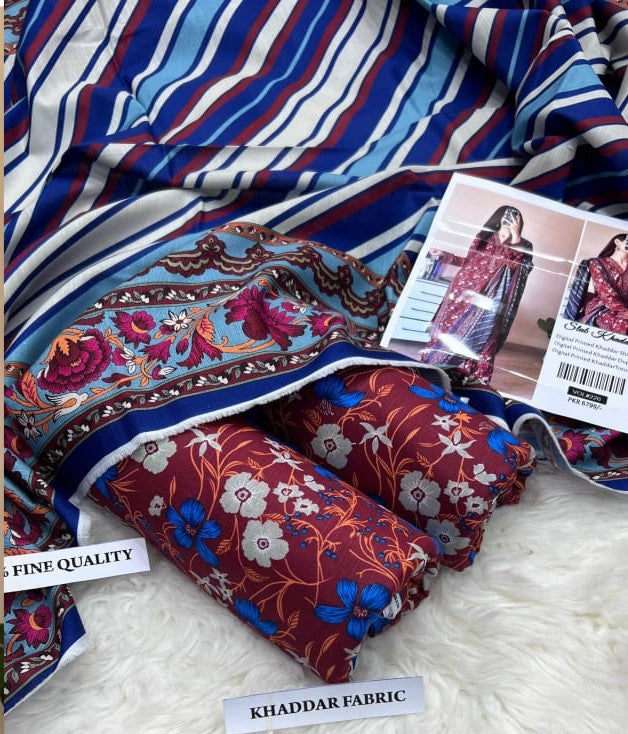 Rustic Terracotta & Sapphire Print Suit | Luxury Winter Linen/Khaddar